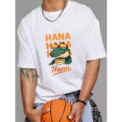 Weißes T-Shirt mit Krokodil- und Hana-Textdesign für Freizeitkleidung