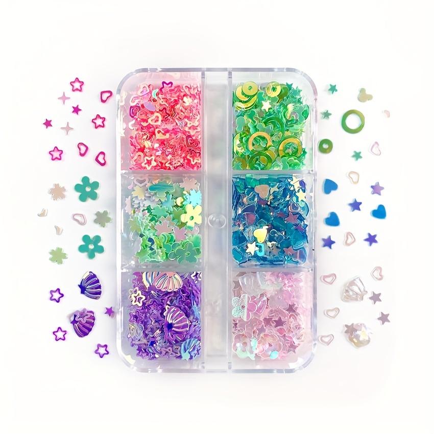 

6 голографических блесток для ногтей в сетку, супер ослепительная ракушка Авроры, пентаграмма в форме сердца, блестящие хлопья с цветами для ногтей