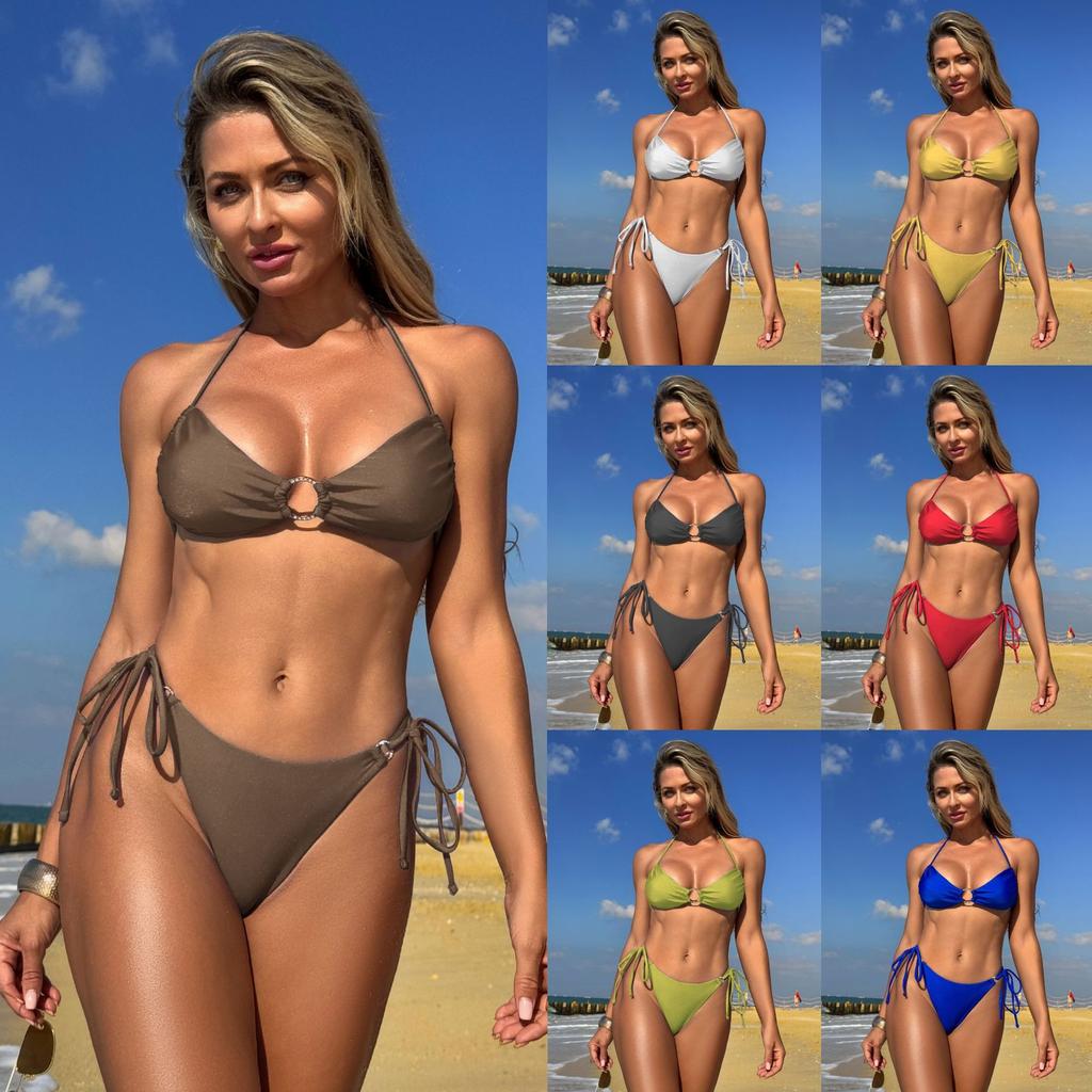New Sexy Solid Color Nylon Halterneck Women's Bikini Bikini Beach Swimsuit