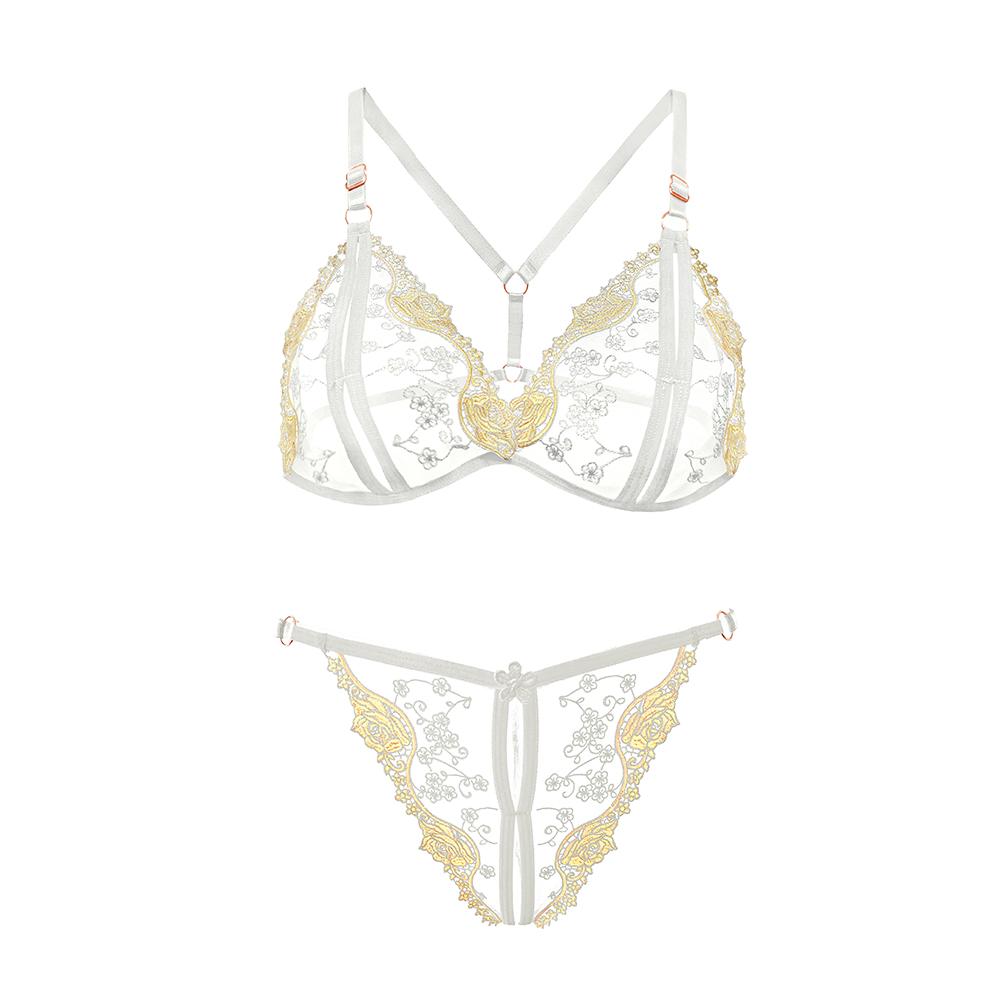 Sexy Three Point Embroidery Underwear Set Plus Size Adjustable Erotic Open Crotch Thong Flower Lingerie Micro Bikini Cupless Bra 2 piece set
