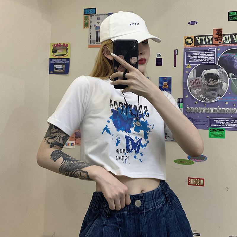 

New Summer Korean Version Retro Butterfly Print Short Navel Top Slim Short-sleeved T-shirt for Women 2XL белый