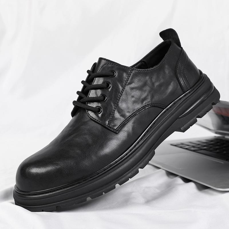 Fashion Brand Mens Round Toe Breathable Derby Shoes Autumn Classic Men Genuine Leather Comfortable Lace Up Business Casual Leather Shoes