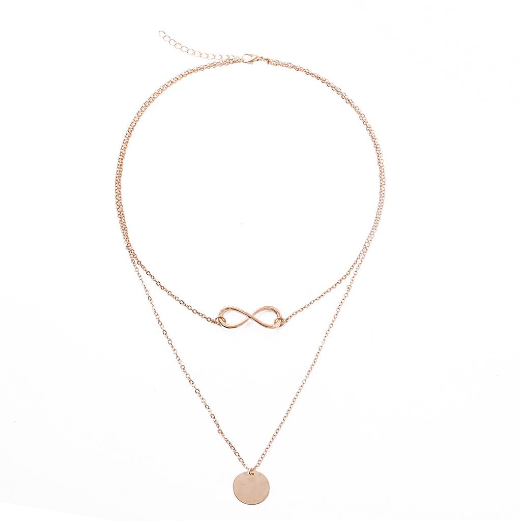 Trendy geometric 8-character disc pendant necklace female, simple double-layer fashion metal necklace