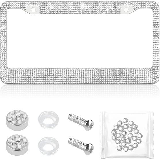 Bling Diamond License Plate Frame,Universal Stainless Steel License Plate Holder Fits U.S. Standard 2 Holes Model,Sparkle License Plate Frames Bling