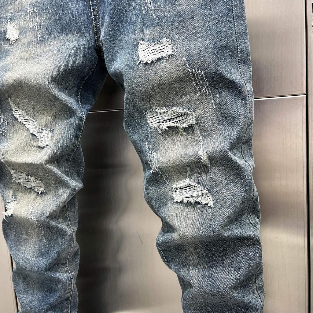 Ripped beggar jeans men's new summer trend versatile slim fit small feet casual long pants