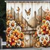 Temu Wooden Door Shower Curtain with Butterflies & Flowers Design, Polyester Digital Print, Bathroom Curtain