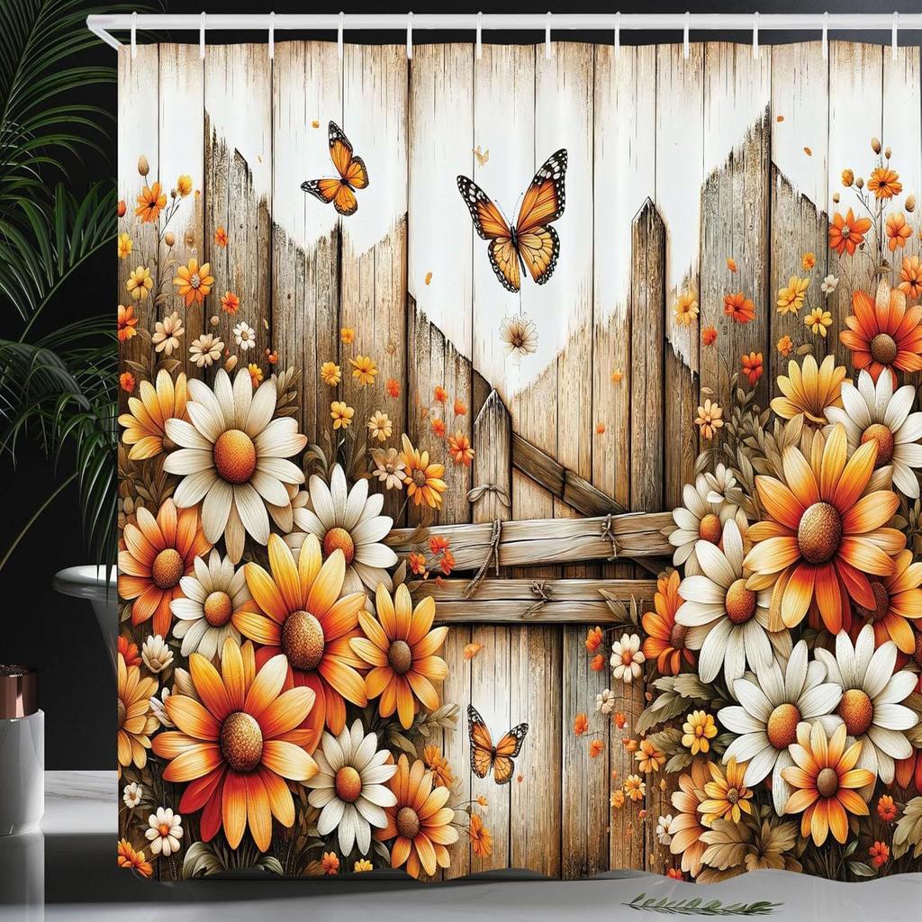 Temu Wooden Door Shower Curtain with Butterflies & Flowers Design, Polyester Digital Print, Bathroom Curtain