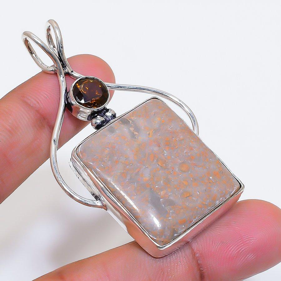 Natural Fossil Coral, Topaz 925 Sterling Silver Jewelry Pendant 2.36" ZS-1308