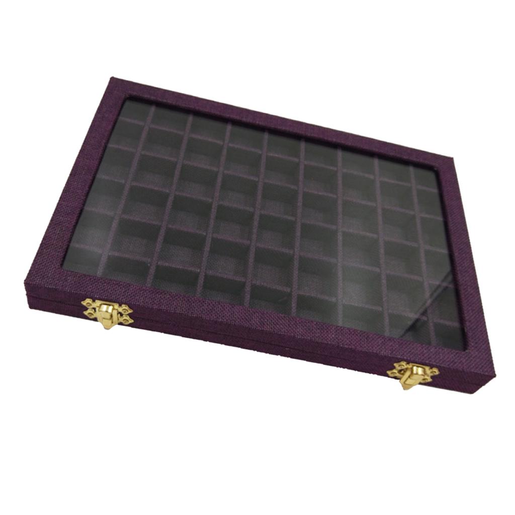 54 Grids Clear Lid Jewelry Tray Showcase Display Storage Linen Case Yellow