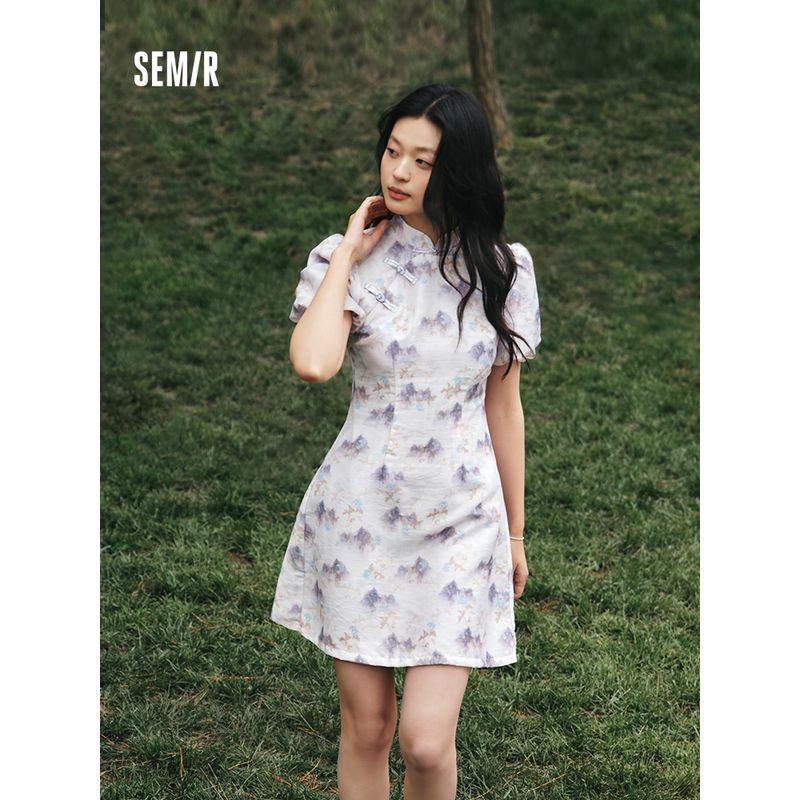 

Senma Dress Women s Ink Painting Print Puff Sleeves Buckle 2024 Summer New Arrival New Chinese Style Improved Cheongsam Dress Yellow 00433 160/84A/M