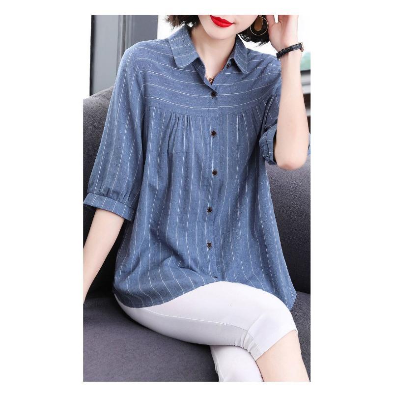 New Vertical Striped Five-quarter Sleeve Shirt Women's Loose Short-sleeved Shirt Summer Middle-aged Women's Top
