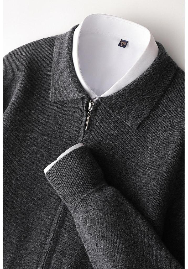 Men's Casual Lapel Pure Wool Zipper Cardigan - Thickened Knit Outerwear for Autumn/Winter