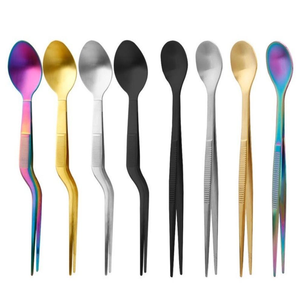 High Quality Multi-functional Sauce Spoon Portable 2in1 Design Food Tweezers Stainless Steel Picnic Utensil Kitchen Utensil