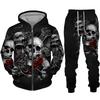 Sudadera con cremallera negra y pantalón con estampado 3D de calavera fresca, conjunto de chándal estilo gótico punk para hombre y mujer, conjunto de chándal 2026, disfraz de streetwear para Halloween