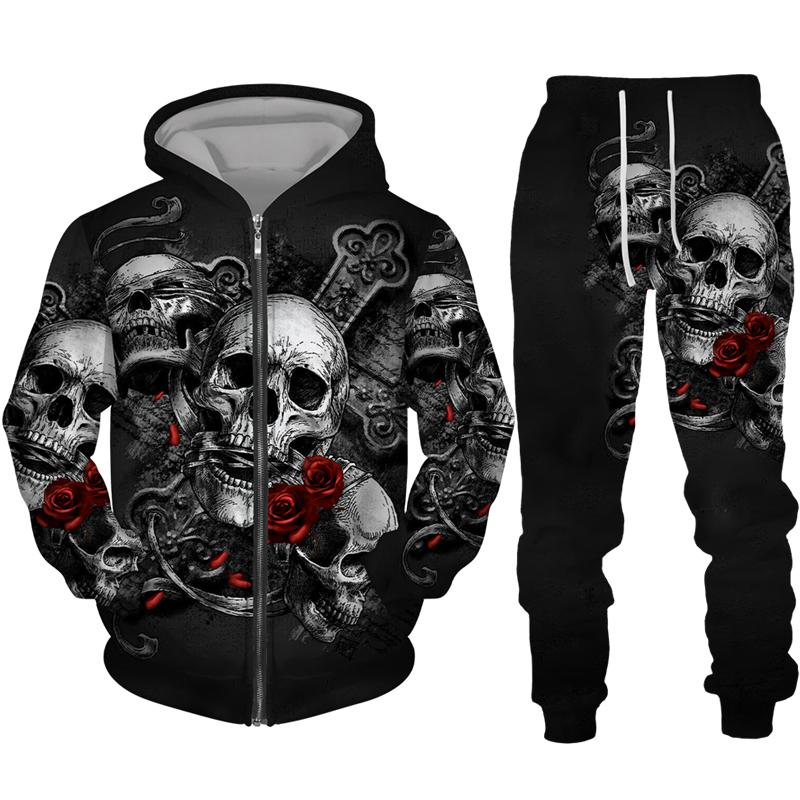 Sudadera con cremallera negra y pantalón con estampado 3D de calavera fresca, conjunto de chándal estilo gótico punk para hombre y mujer, conjunto de chándal 2026, disfraz de streetwear para Halloween