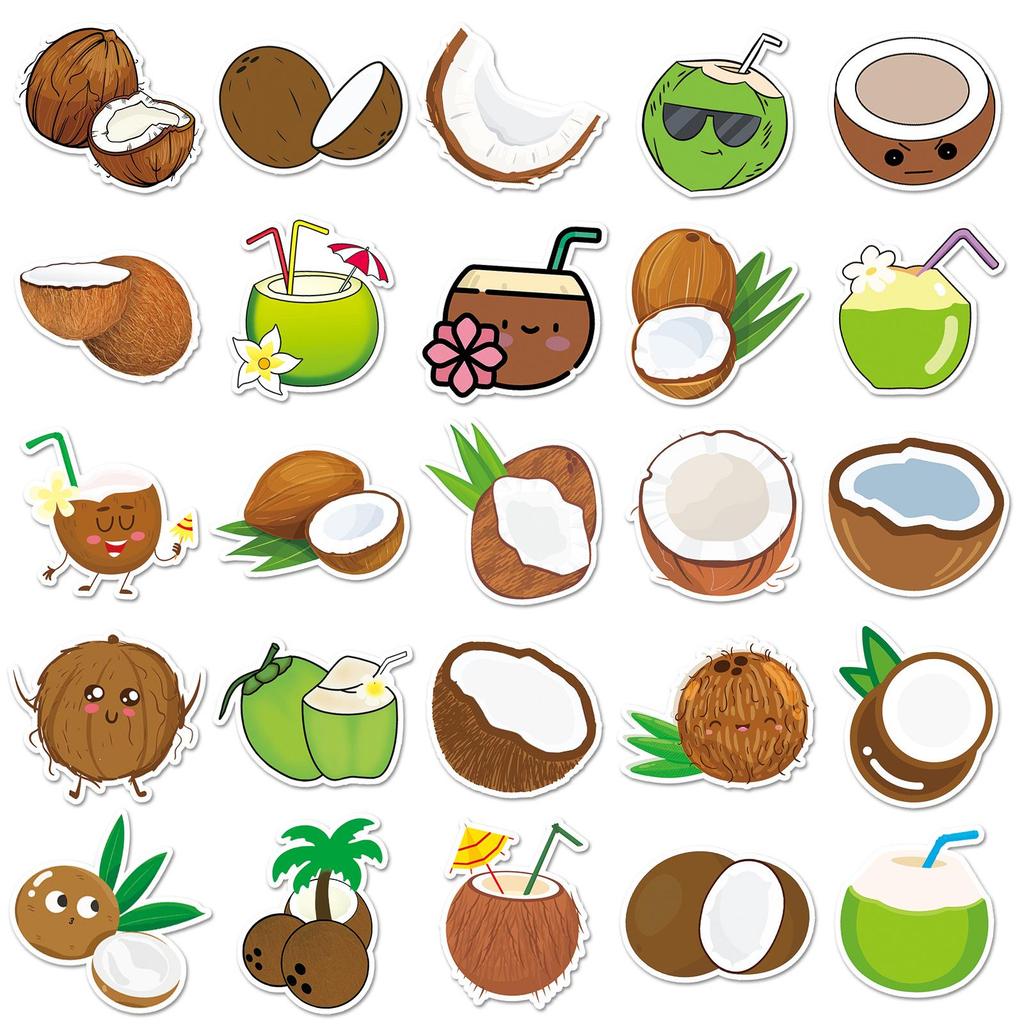 Coconut Doodle Cartoon Fruit Sticker Set: 50 Waterproof Sheets for Journals, Phone Cases, Luggage