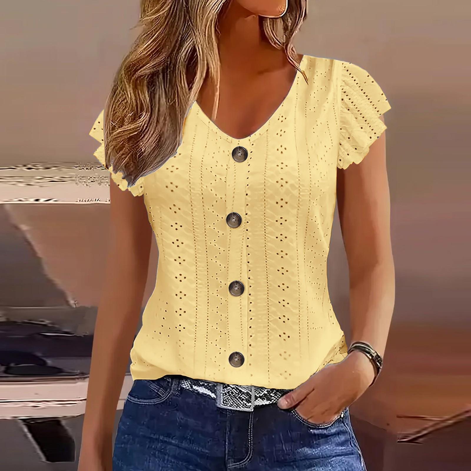 

Women Summer Top Eyelet Vacation Short Sleeve V Neck Loose Fit Shirt Spring Fashion Casual Clothes XL жовтий