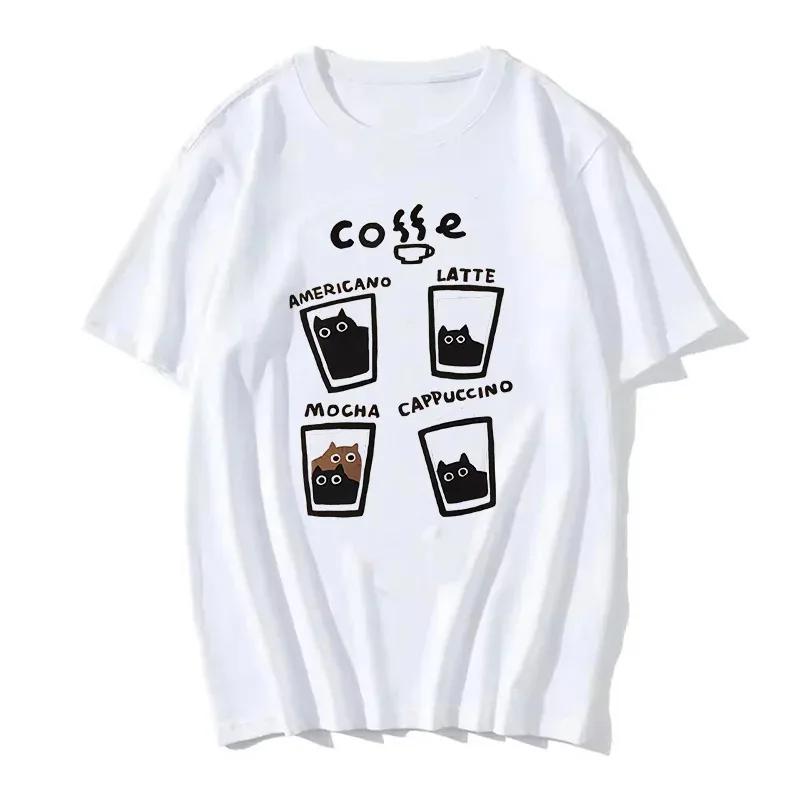 New in Fashion Women Cat Coffee T Shirt Fashion O-Neck Tshirts Summer Tops Fashion Street T-Shirts