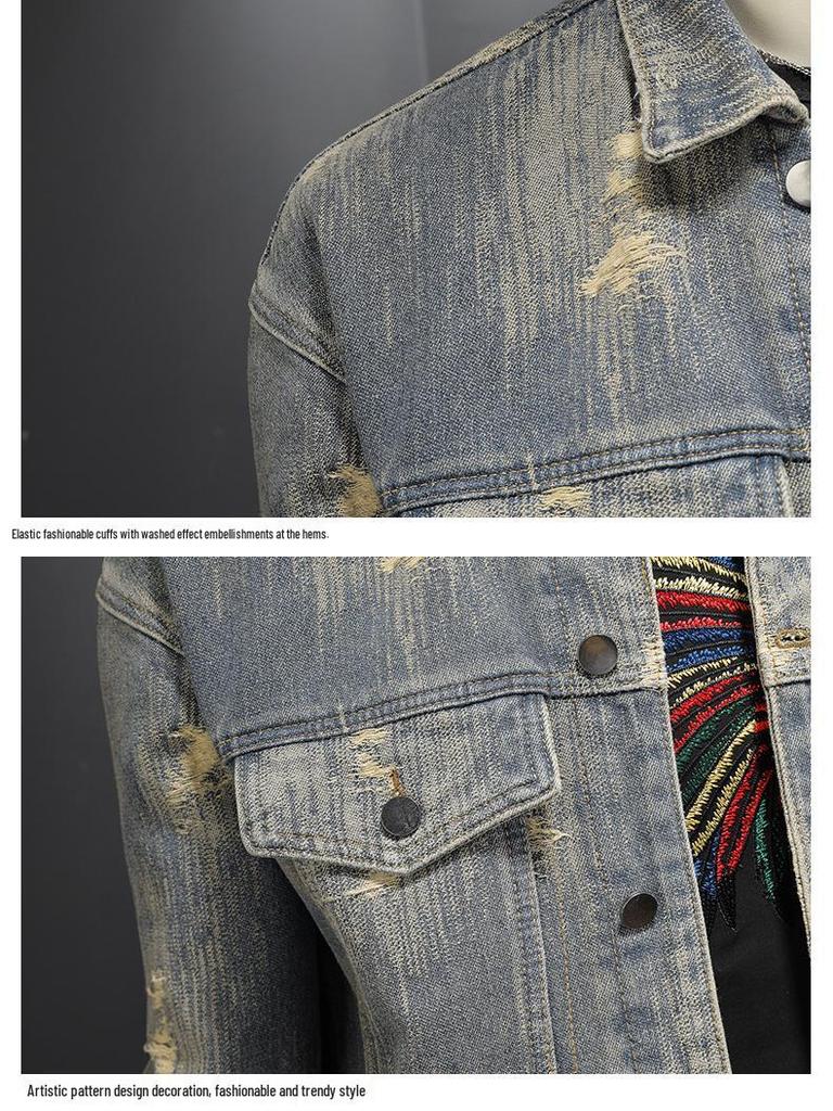 Men's Retro Ripped Washed Jacquard Denim Jacket - Casual & Cool