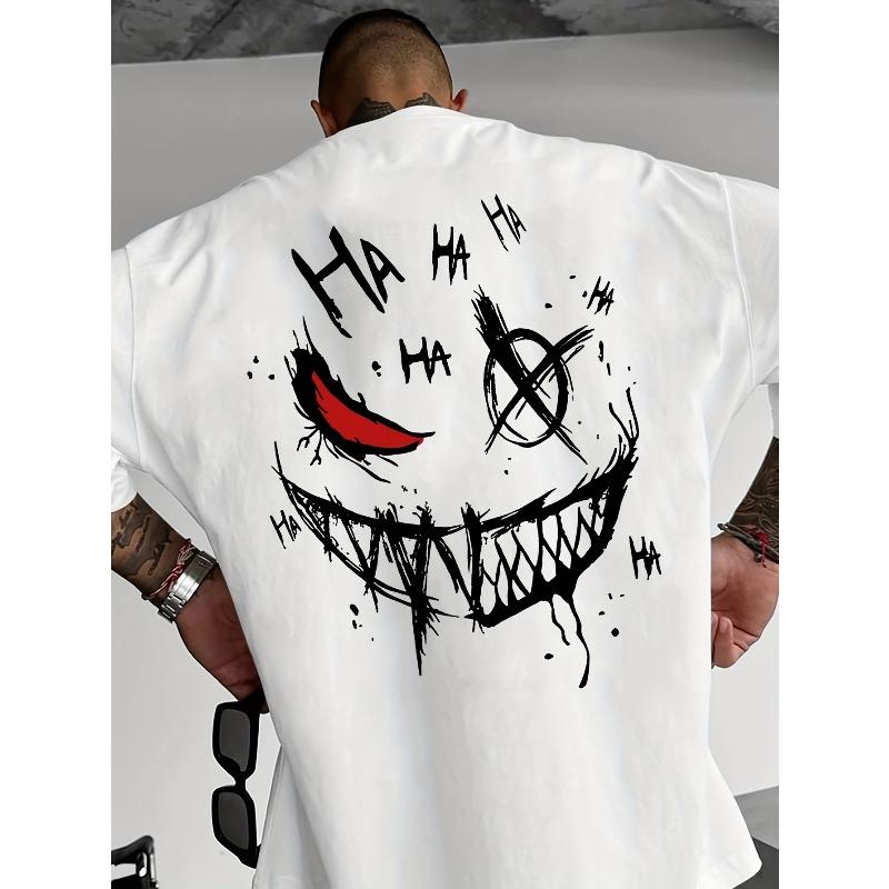 

European sizes Mens T-Shirt - Evil Smile Print T-Shirt, Breathable And Comfortable, Slightly Dropped Shoulder Design Round Neck T-Shirt 4XL білий