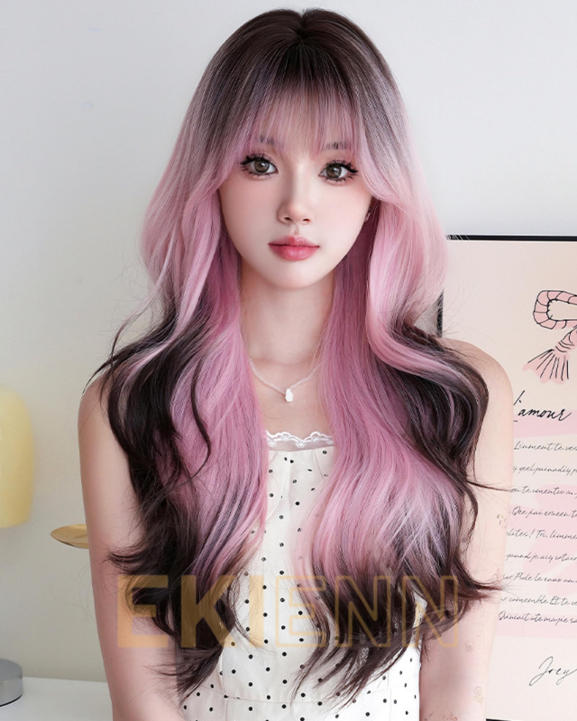 

ekienn Black Pink Long Wavy Gradient Full Slimming Cute Perfect for Everyday and Harajuku Popular Wig with Net Two-Tone Wig, Natural-Looking, Wig,
