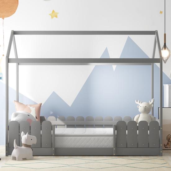 Single Bed Sturdy Construction High Stability Fence Design Mildew-proof Good Load-bearing Anti-fall Smooth Surface Frame Wooden Bedstead Bedroom