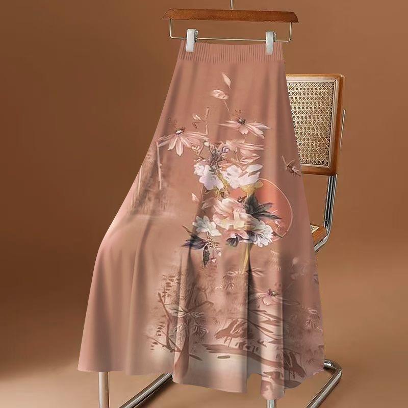 Women's Half Length Skirt Mid Length Skirt Stylish New Printed Large Swing Skirt Knee High Waist Skirt