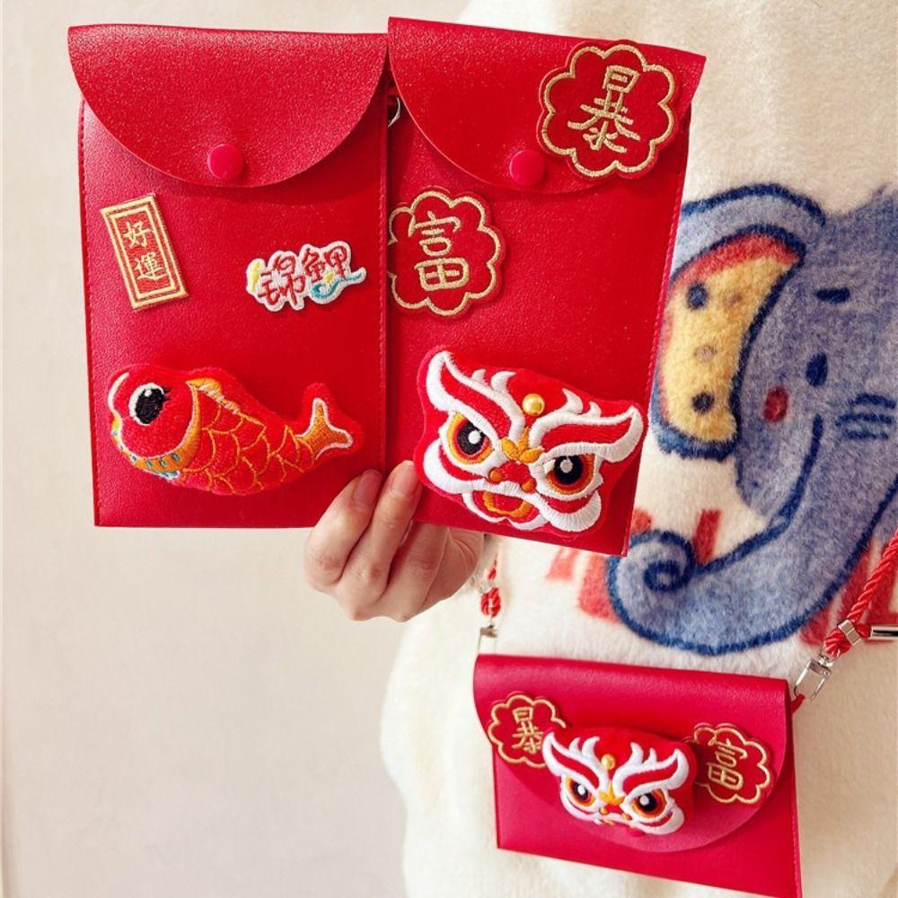 Cross Body PU Leather Red Envelope Tassel Lion Dance New Year Money Envelope  Celebration Party
