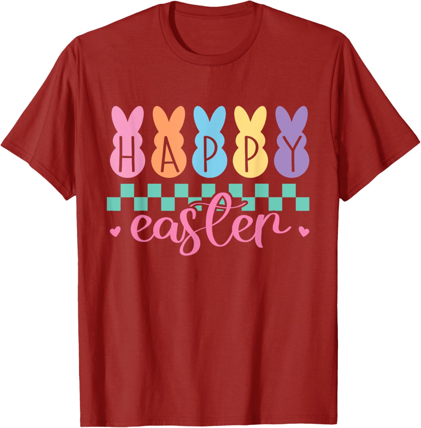 Happy Easter Bunny Graphic Tee Pastel Checkered Print Casual Short Sleeve T-Shirt S