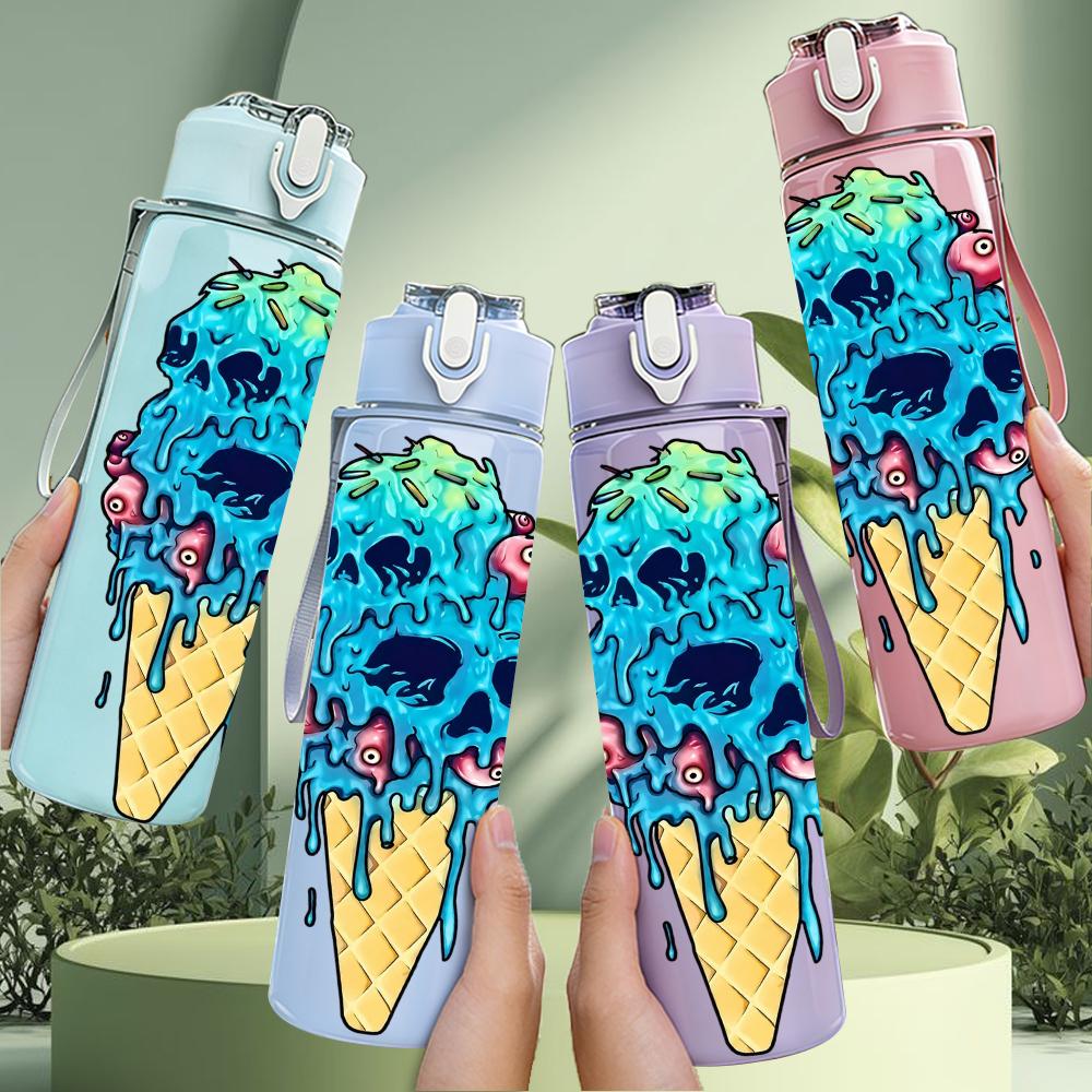 1PC Melting Multicolor Ice Cream Cone 750ml Color Plastic Water Bottle Leakproof Flip Straw Lid For Sports Office Home Use