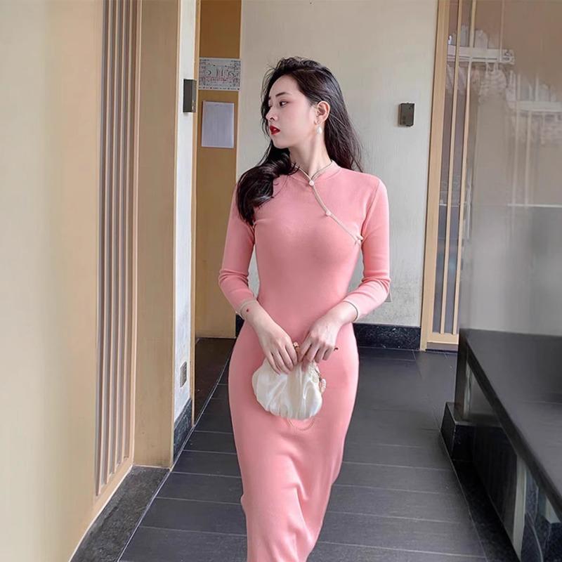 Autumn improved cheongsam high-end engagement dress high-end blue knitted dress