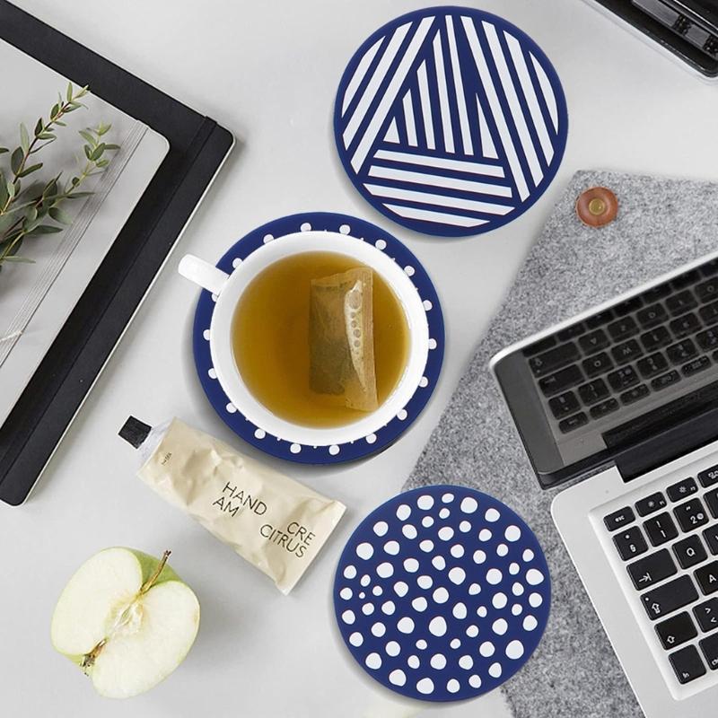 9.6cm Silicone Coasters Set for Various Cups and Mugs Nonslip Printed Pattern Cup Mat Heat Resistant Table Protectors