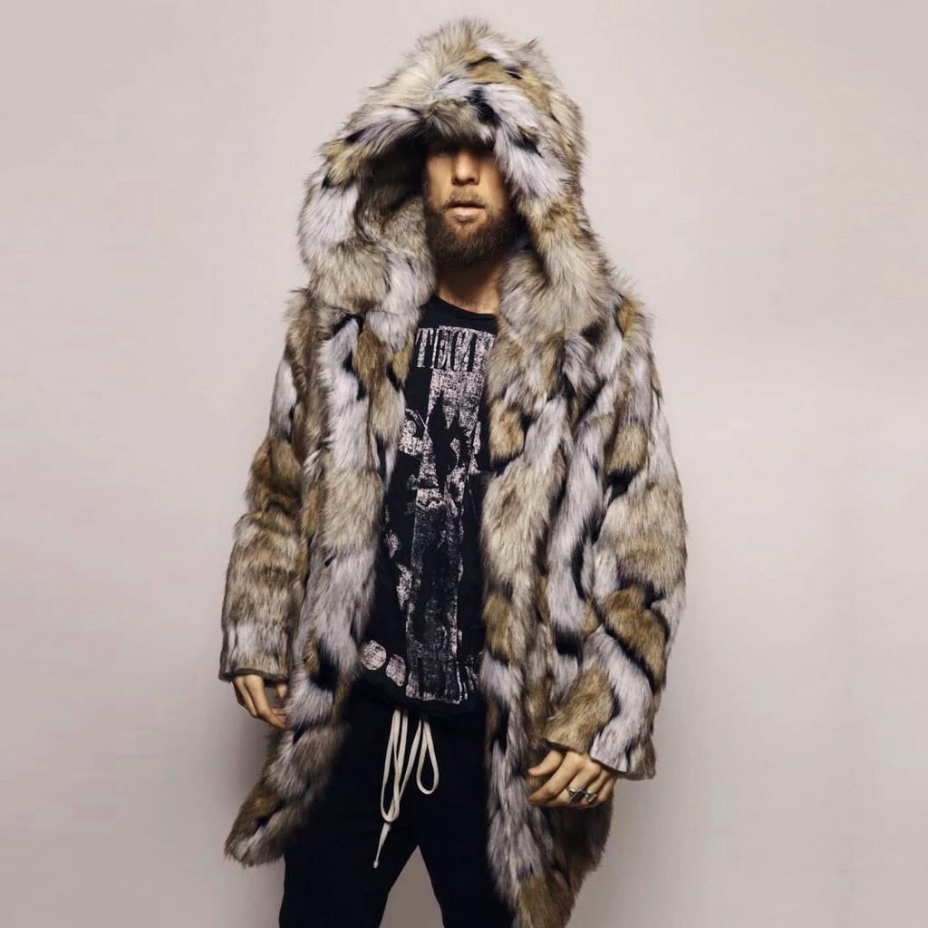 Móda Pánský Teplý Leopardí Hrubý Kabát Bunda Faux Svrchní oděv