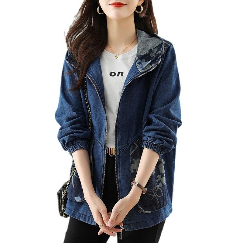 Hooded casual denim jacket women's spring new big pocket color matching age-reducing thin jacket top trend