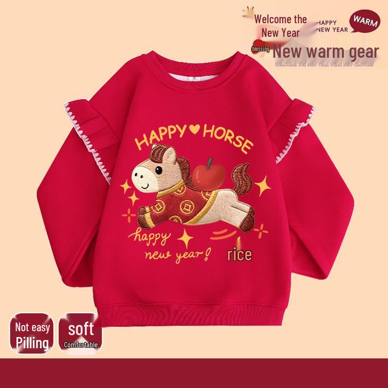 

Children s Festive New Year s Lotus Sleeve Sweatshirt - 2026 Year of the Horse, Chinese Style Top for Boys and Girls 150cm