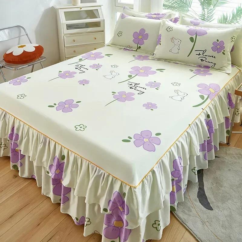 1PC Bed Skirt Cartoon Style Bed Cover Ruffled Bedsheet Falda De Cama Quilted Mattress Covers Lace Bedspread (No Pillowcase)