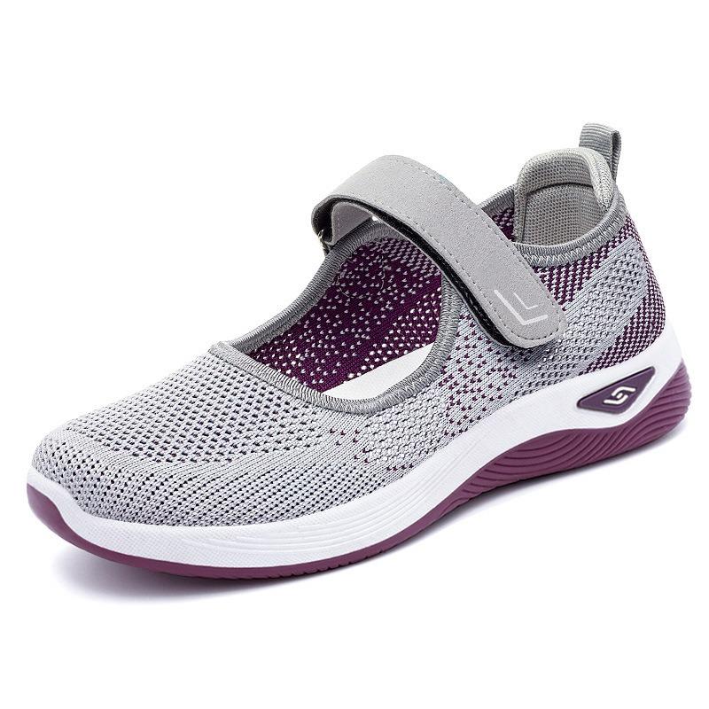 Women's Middle-Aged & Elderly Mother's Shoes – Shallow Breathable Flat Fly-Knit Casual Shoes, Velcro Walking Shoes for Seniors