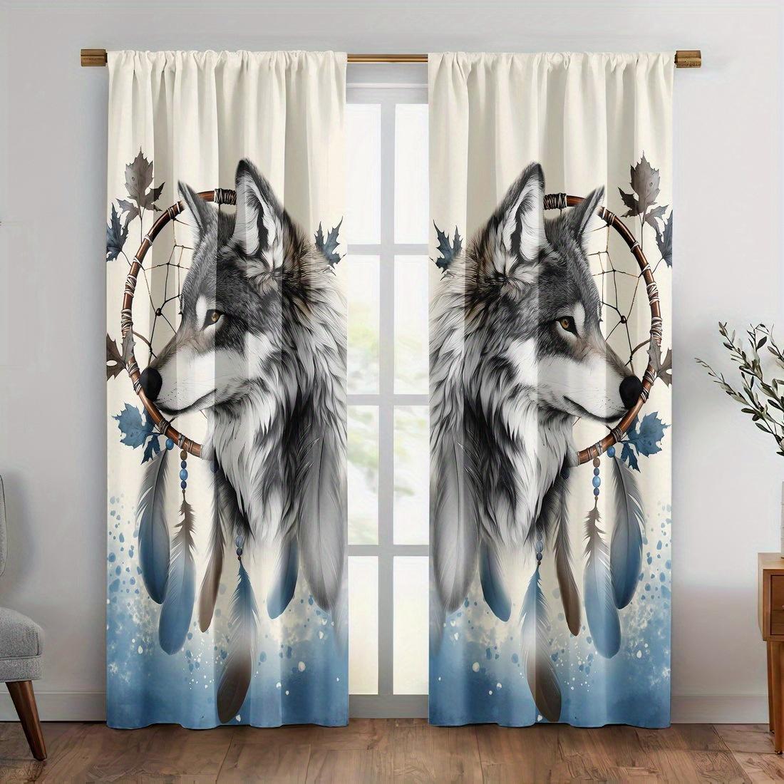 2pcs Wolf Print Curtains Dreamcatcher Feather Pattern Bohemian Style Polyester Window Drapes for Living Room Bedroom Decor 60×150