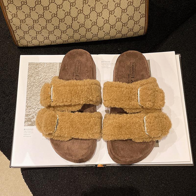Double-buckle Boken Hairy Slippers for Women's Outer Wear 2025 Autumn New Thick-bottomed Muffin One-word Mop Versatile Casual Cotton Mop