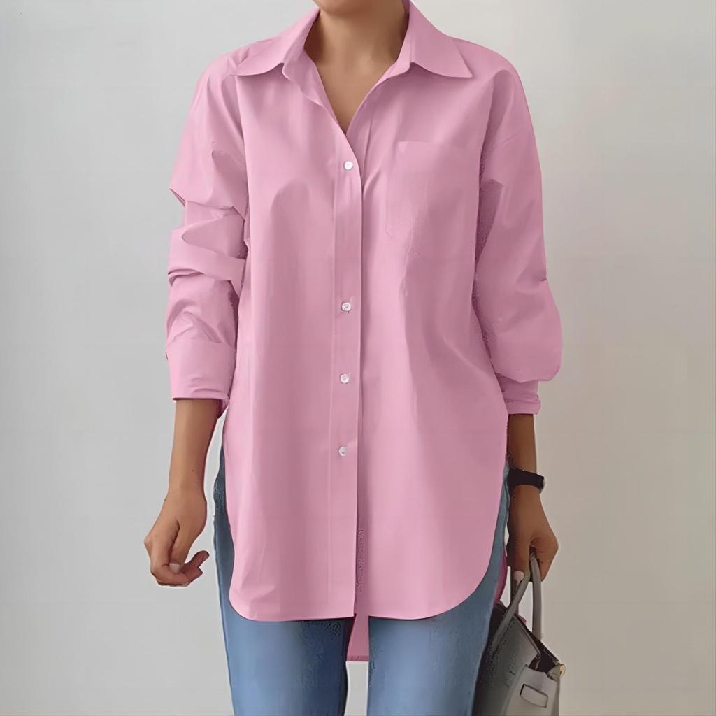 Women's Oversized Lapel Shirt - Elegant Long-Sleeve, Solid Color, Slit Hem for Spring and Autumn