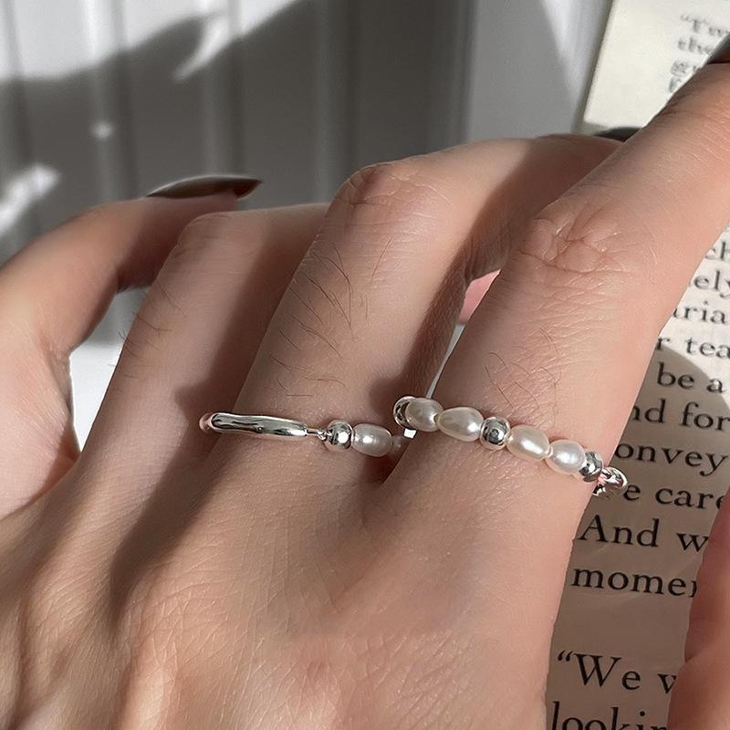 BFCLUB Silver Color Geometric Irregular Ball Pearls Rings for Women Bohemian Retro Adjustable Antique Personality Ring
