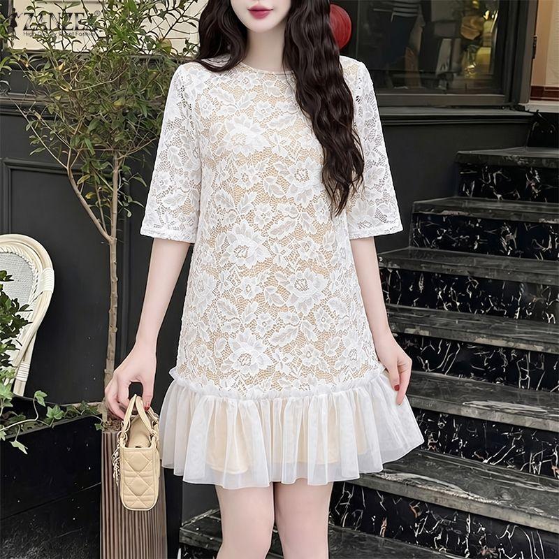 ZANZEA Women Elegant Casual Round Neck Half Sleeve Lace Dress