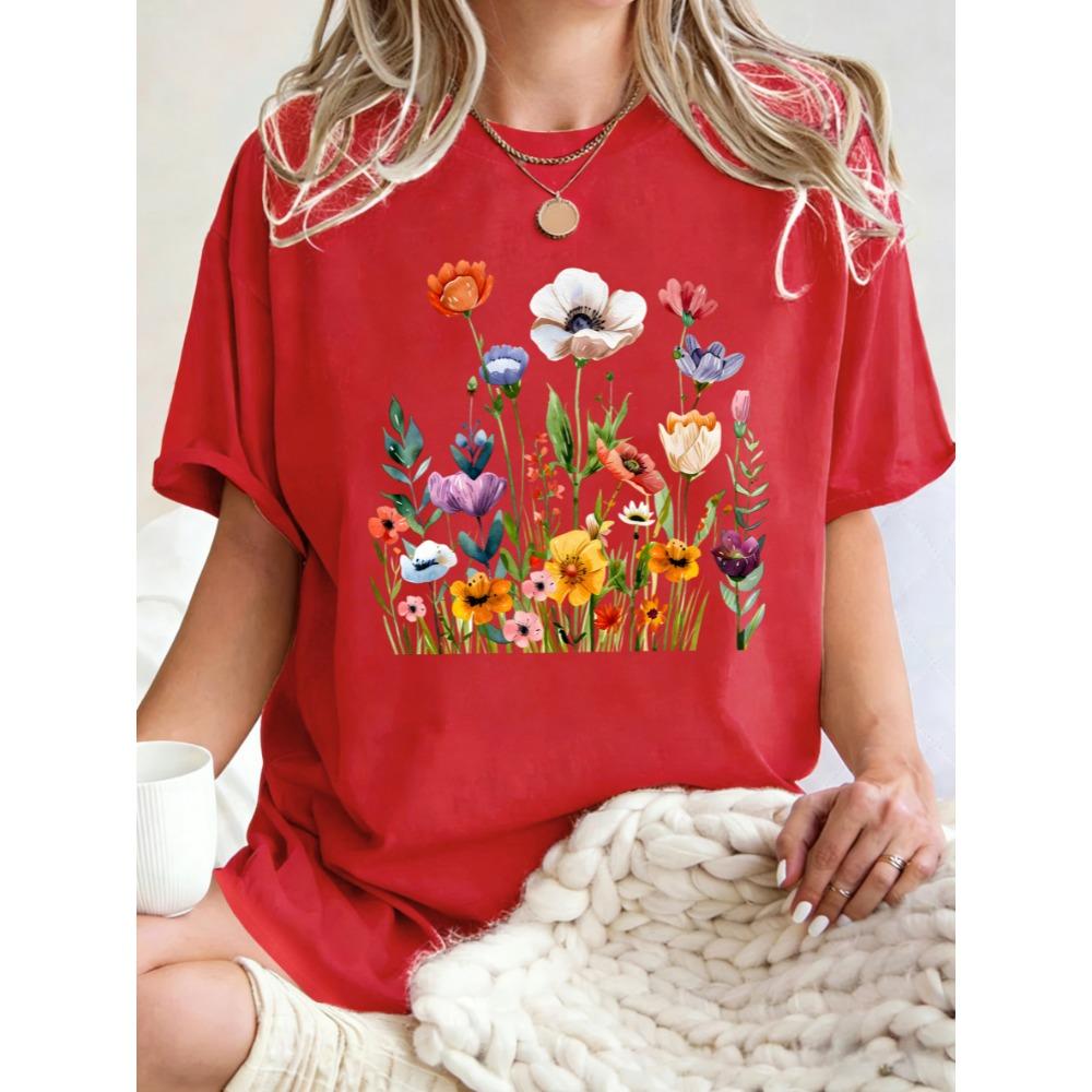 Retro Beautiful Wildflowers Flower Clusters Print Womens T Shirts Cotton T-Shirt Summer O-Neck Clothes Loose Sportswear