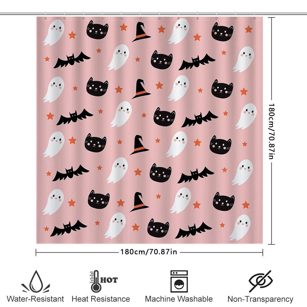 Whimsical Witchy Halloween Decor Shower Curtain Black Cats Bats Pattern Pink Background Polyester Fabric Perfect For Fall Decora