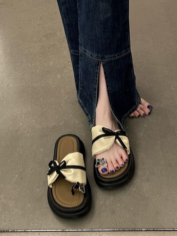 Sandals Black Shoes for Women on Beach Platform Slides Open Toe with Bow Woman Slippers Clappers Summer Footwear 2025 Trend Sale