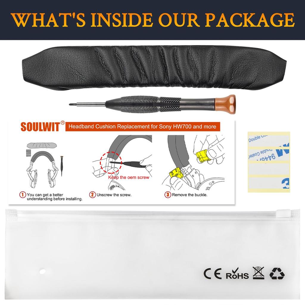SOULWIT Replacement Headband Pad Kit for Sony Headband Upper Cushion Compatible Headstrap Repair Easy DIY Installation Black MDR-HW700, MDR-HW700DS