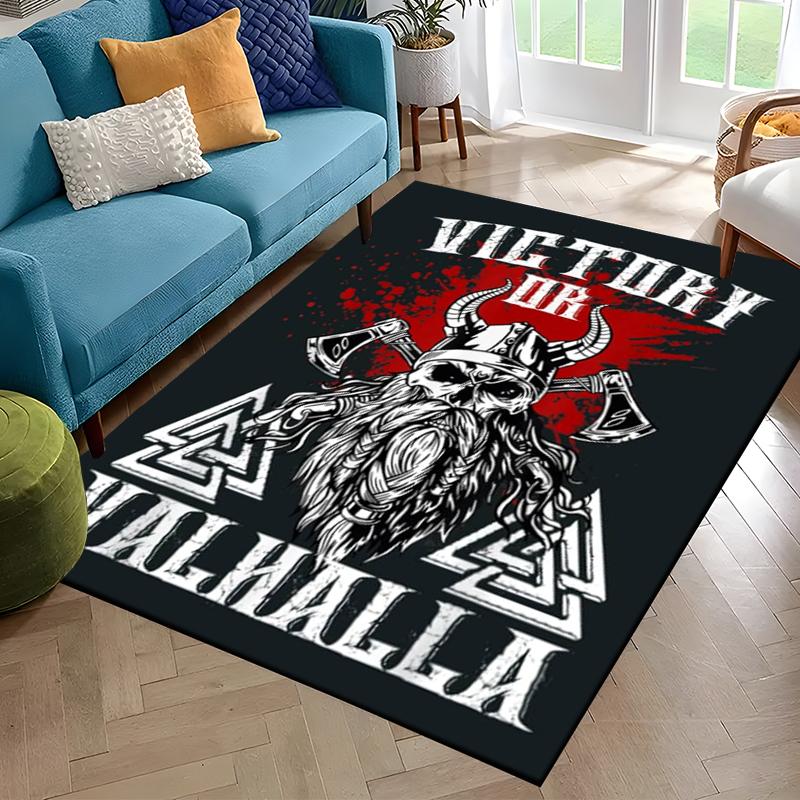 Nordisches Wikingerkrieger Symbol Walhalla Valknut Rune Motto Teppich für Schlafzimmer Wohnzimmer Sofa Zuhause Fußmatte Dekor, Rutschfeste Bodenmatte