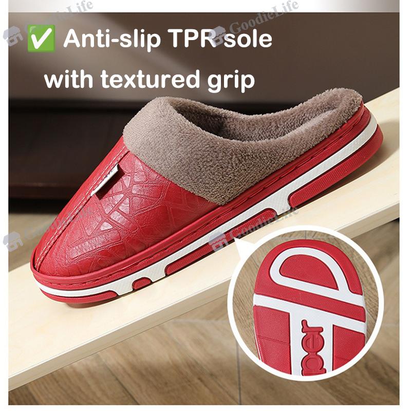 New Winter Couple Slippers  PU Leather Indoor Anti Slip Warm House Shoes