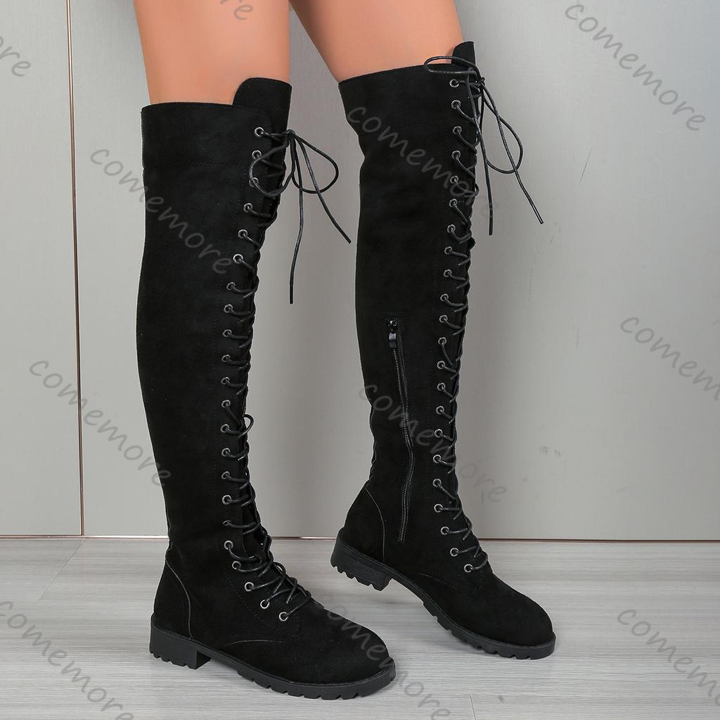 Fashion Comemore Thigh High Boots Women Spring Autumn Suede Solid Color Lace Up Long Botas Casual Thick Low Heel  Over The Knee Boots