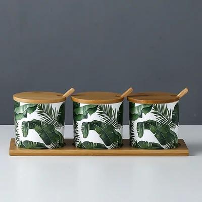 Kitchen seasoning tools ceramic seasoning jar set marble pattern cruet bamboo tray kitchen supplies seasoning box salt shaker